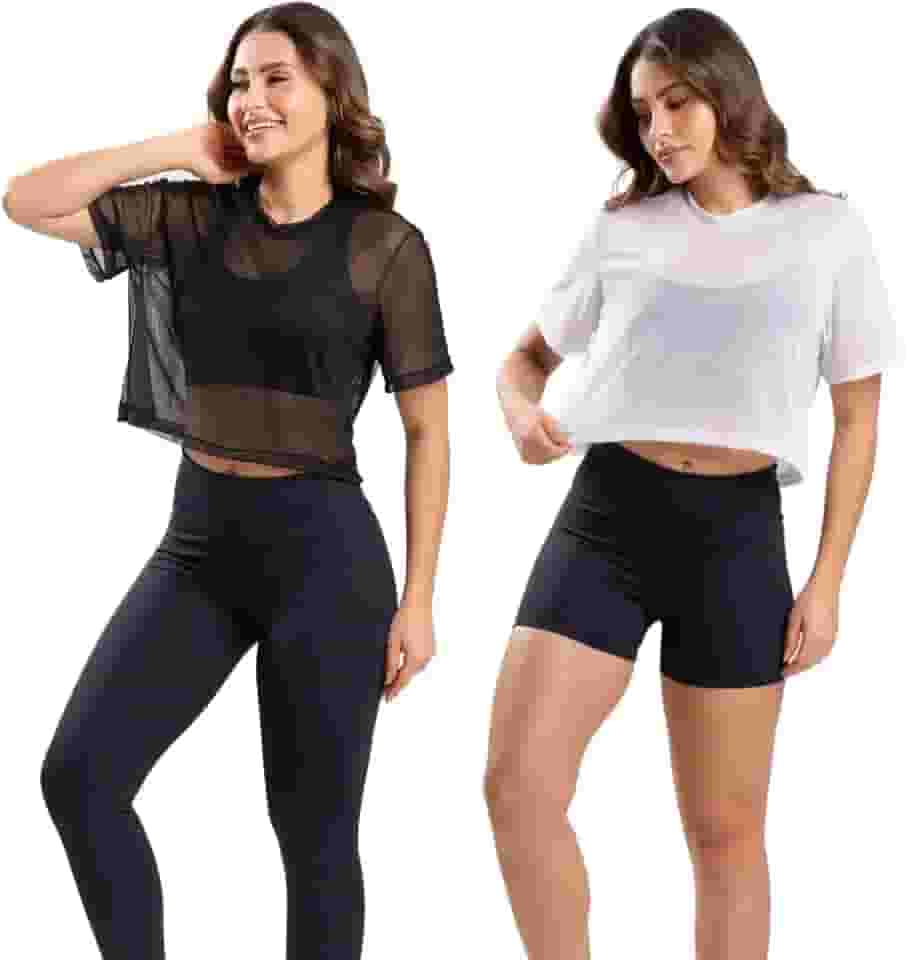 Kit 2 Blusas Tule Transparente Academia Feminina Esporte Fitness Manga Curta Roupa de Academia Moda Fitness