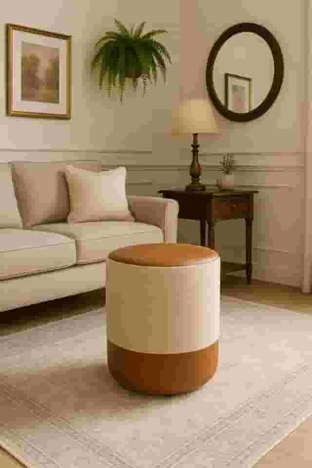 Puff Plus Banquinho Redondo Decorativo em Linho Base e Tampo Courino Bege/Caramelo - PC MÓVEIS