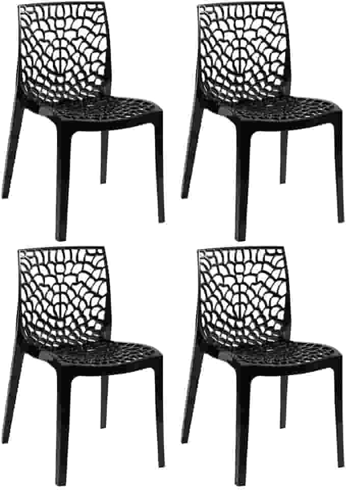 Loft7, Kit Conjunto 4 Cadeiras Gruvyer, Polipropileno com Encosto Moderna Versátil para Sala de Jantar Cozinha Bar Restaurante Jardim Varanda Cafeteria Shopping Salão de Festas, Preto
