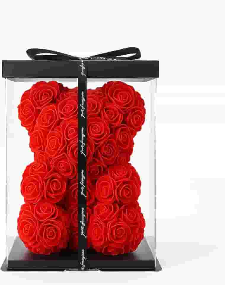 Urso de Rosas Artificiais Vermelhas 25cm com Caixa de Presente – Presente Romântico para Namorada, Aniversário, Dia dos Namorados, Decoração Luxuosa