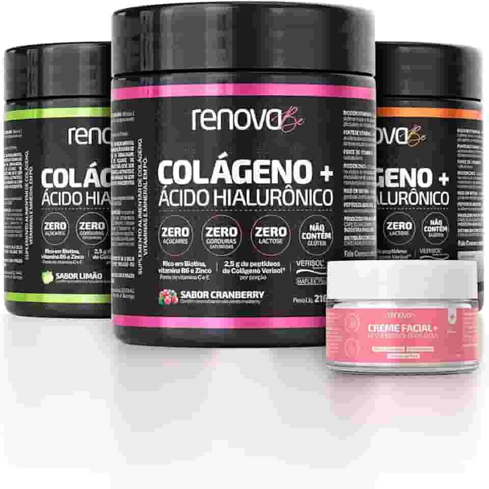 Kit 3 Colágenos Hidrolisado Verisol Frutado com Ácido Hialurônico Biotina Suplemento para Pele Cabelos e Unhas + Creme Facial Resveratrol para o Dia Renova Be