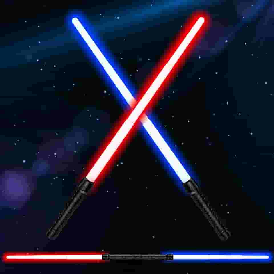 Sabres de luz para crianças, sabre duplo 2 em 1 com som (sensível ao movimento) para festa de Halloween, presentes de Natal, presente de aniversário de Natal, conjunto de sabre de luz telescópico