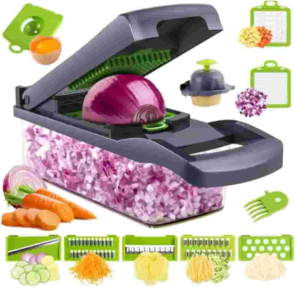 Cortador de Alimentos Multifuncional 14 em 1, Fatiador e Ralador de Legumes com Recipiente, 8 Lâminas Intercambiáveis, Cinza e Verde