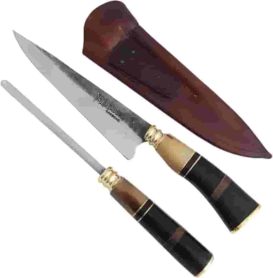 Facas Gaúcha, 4007TS, Conjunto Faca Tesoura Tosquia 7 Carbono e Chaira Cabo Chifre Osso Madeira, cor Marrom, Aço