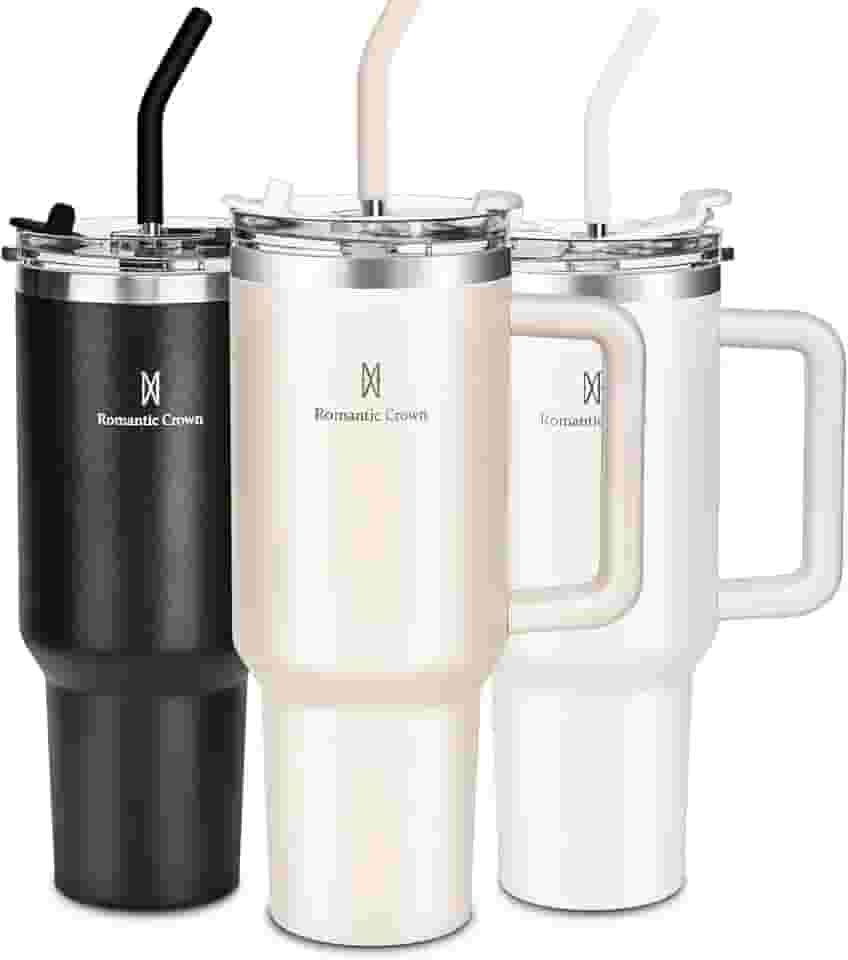 Romantic Crown Copo Térmico com Canudo Tampa e Alça 1,18L, Copos Garrafas Termico para viagem vácuo dupla camada aço inoxidável, Caneca Termica Cafe Água Chá,Presente, Fitness (Rosa claro)