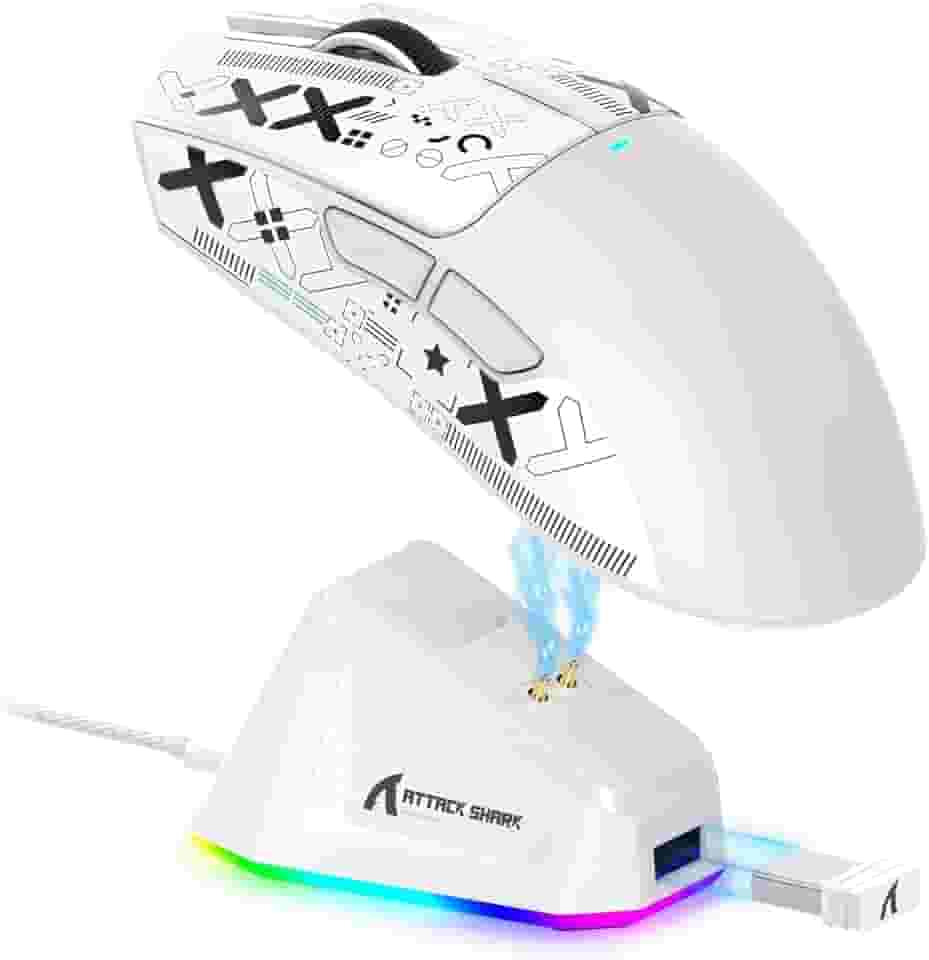 Mouse Gamer ATTACK SHARK X11 Sem Fio Tri-Mode (2.4G/Bluetooth/USB) Com Base RGB – Ergonômico, Alta Precisão Com Adesivo Personalizável (Branco)