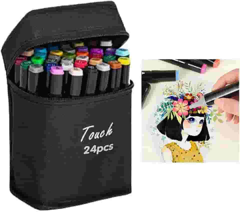 Caneta Marcador Permanente 24 Cores Estojo Ponta Dupla Desenho Pintura Arte Trabalho Escola Estudante