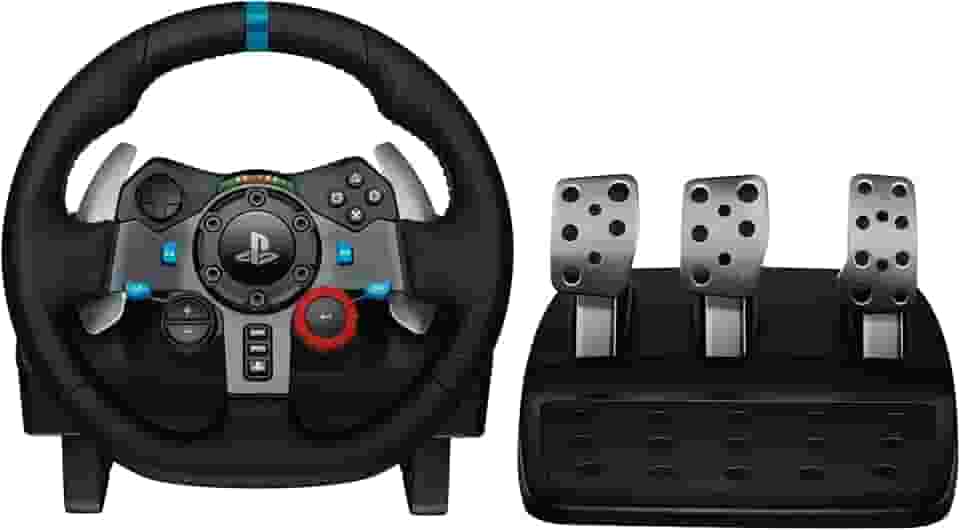 Logitech G Volante de corrida e pedais de chão 29 Driving Force, feedback de força real, câmbio de aço inoxidável, capa de volante de couro para PS5, PS4, PC, Mac - Preto