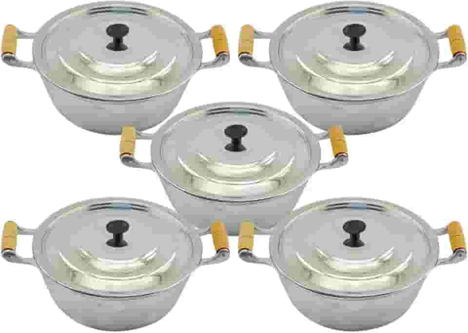 Jogo De Panela Alumínio Batido Grosso Com 5 Peças Cabo Madeira Marfim Envernizado