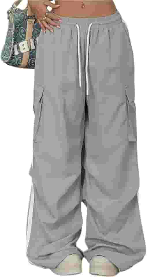Calça cargo feminina com cordão na cintura e perna larga, solta, paraquedas
