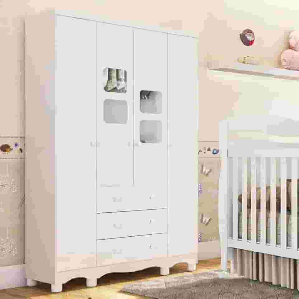 Guarda Roupa de Bebê 4 Portas 3 Gavetas Uli Móveis Peroba Branco Brilho