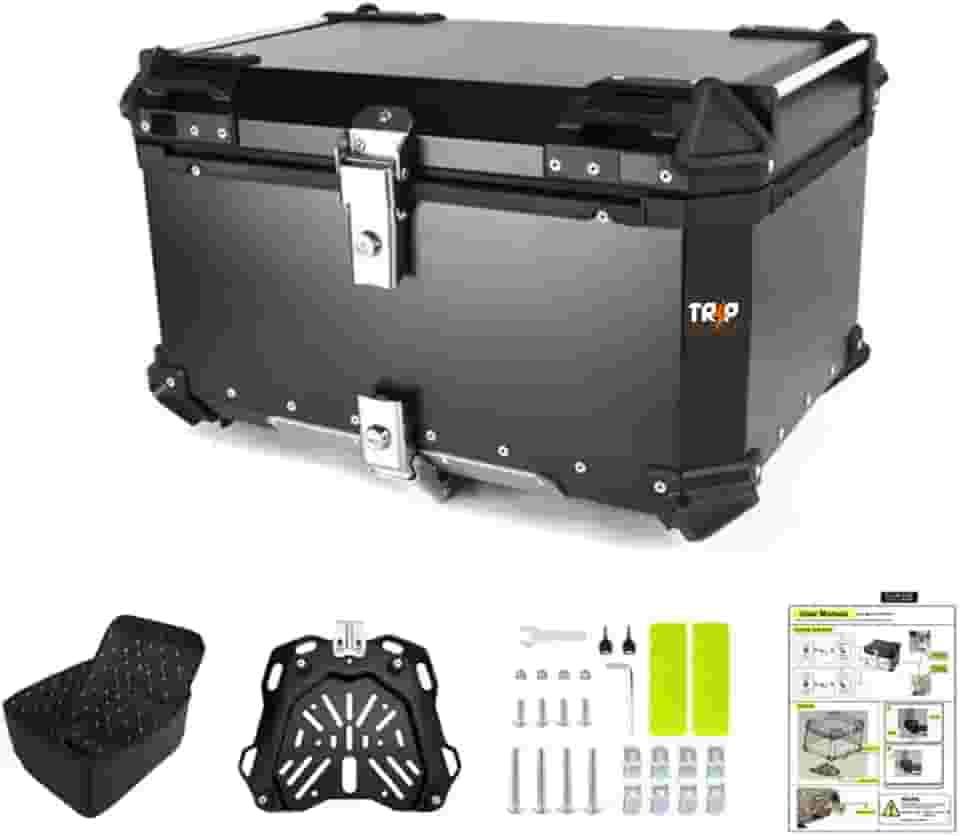 Baú Traseiro Moto Alumínio 65 Litros Suporte Universal Impermeável Reforçado Seguro Bagageiro Universal Top Case Grande Comporta 2 Capacetes Grande Capacidade (Preto)