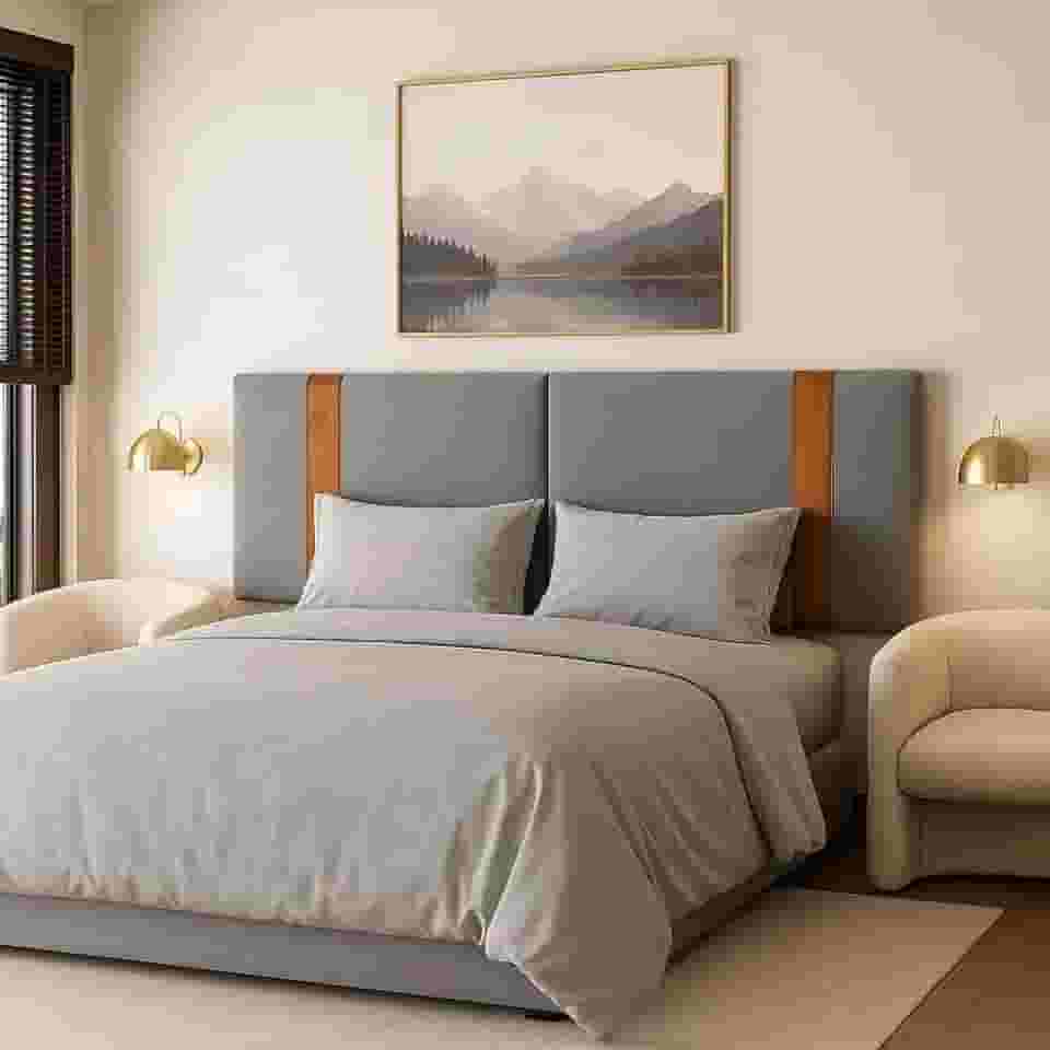 Cabeceira Dobrável Arte em linho cinza Estofada com Detalhe em caramelo1,58 Para Cama Queen