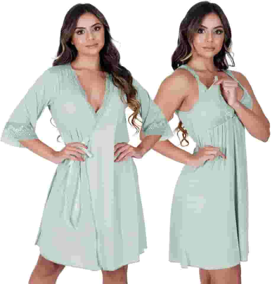 Kit Camisola de Amamentação Com Robe Gestante Maternidade Pós-Parto
