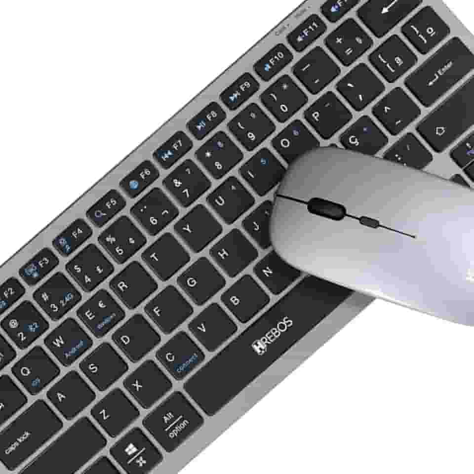 Teclado e mouse sem fio recarregável wireless bluetooth USB kit HRebos HS-525k (Cinza)
