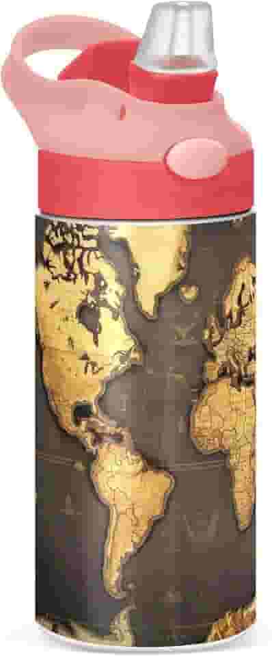 Garrafa de água infantil isolada com tampas de canudo Garrafas de água de aço inoxidável para crianças Mapa do Mundo de 350 ml