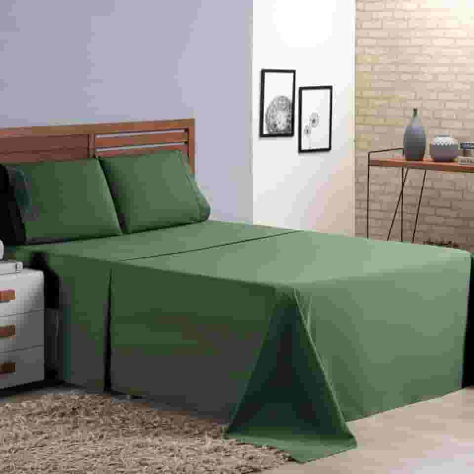 Jogo de Cama Casal Padrão Percal 400 Fios Ponto Palito 04 Peças, Antiácaro, Não faz bolinha Toque Extra Macio (Verde)