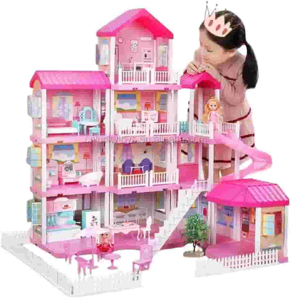 Casa de Bonecas Gigante, 4 Andares, 91 cm de Altura, com Móveis e Acessórios, 64 Peças