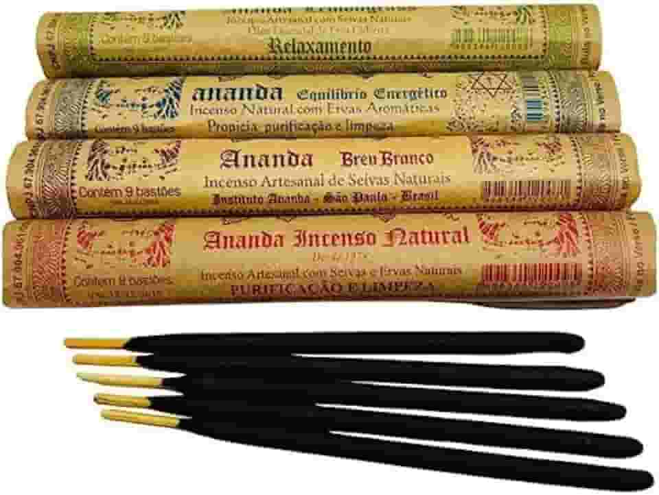 Ananda Kit de Incensos Naturais Artesanais, 4 Variedades, com Suportes