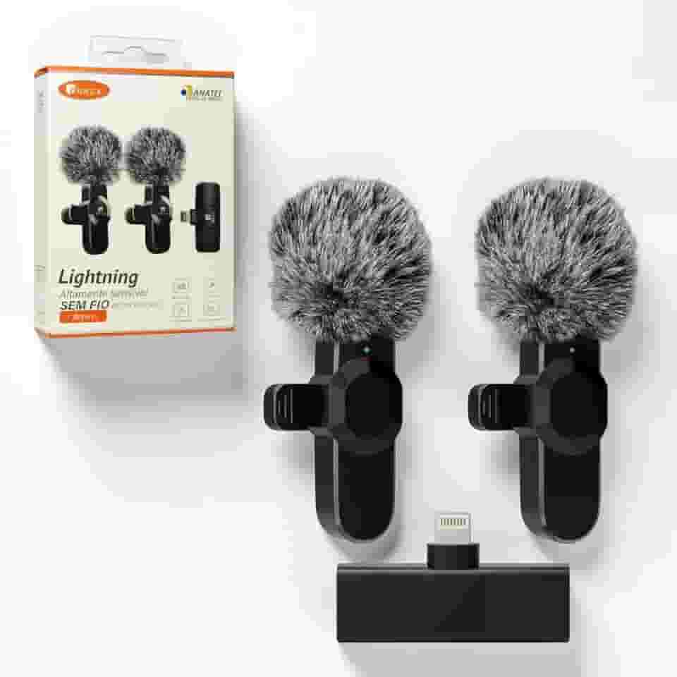 Kit 2 unidades Microfone de Lapela, Lapela Sem Fio Duplo com Redutor de Ruído e Wind Shield Profissional para Vídeos de Gravação Externa ou Interna Compatível com Iphone - Conector Lightning