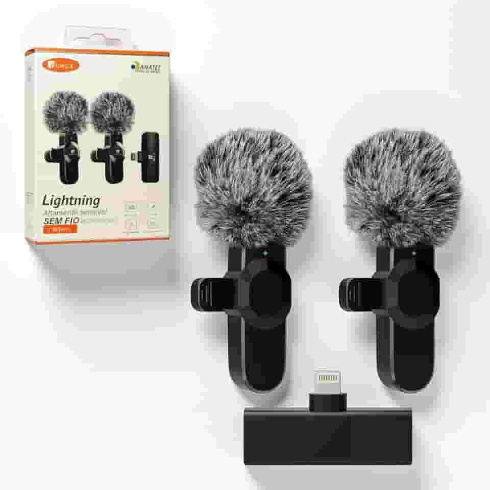 Kit 2 unidades Microfone de Lapela, Lapela Sem Fio Duplo com Redutor de Ruído e Wind Shield Profissional para Vídeos de Gravação Externa ou Interna Compatível com Iphone - Conector Lightning