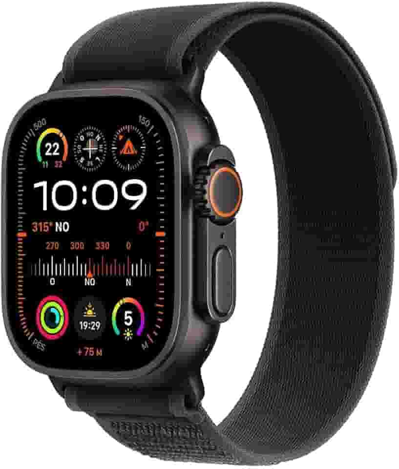 Apple Watch Ultra 2 GPS + Cellular • Caixa preta de titânio – 49 mm • Pulseira loop Trail preta – M/G