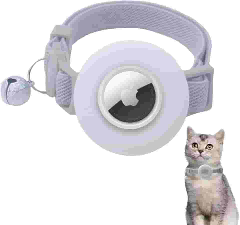 Coleira para gatos AirTag, coleira GPS para gatos com suporte Apple AirTag, coleiras rastreadoras de gatos com faixa elástica de segurança para meninas, meninos, filhotes e gatinhos, cinza
