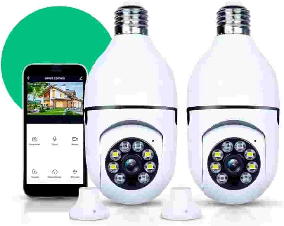 Kit 2 Câmera Segurança IP Lâmpada WiFi Inteligente Vigilancia Full HD 1080p Visão Noturna Infravermelho 1080P, Bivolt, Detecção de Movimento, Áudio Bidirecional, Prova D'água Giratória 360°