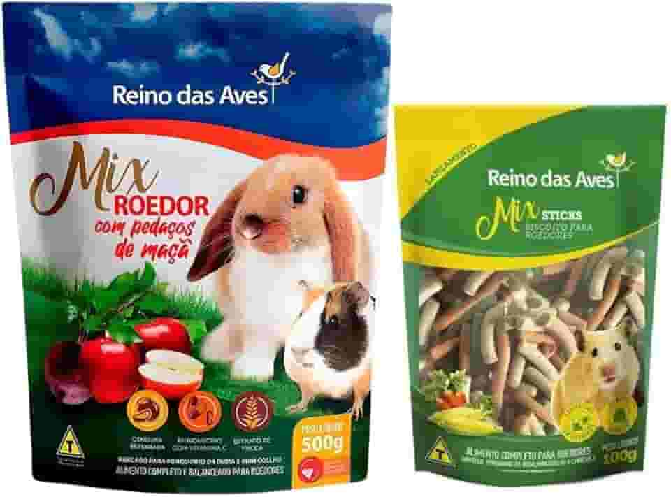 Ração Porquinho Da Índia e Mini Coelho 500g + Stick Biscoito Para Roedores 100g - Reino das Aves