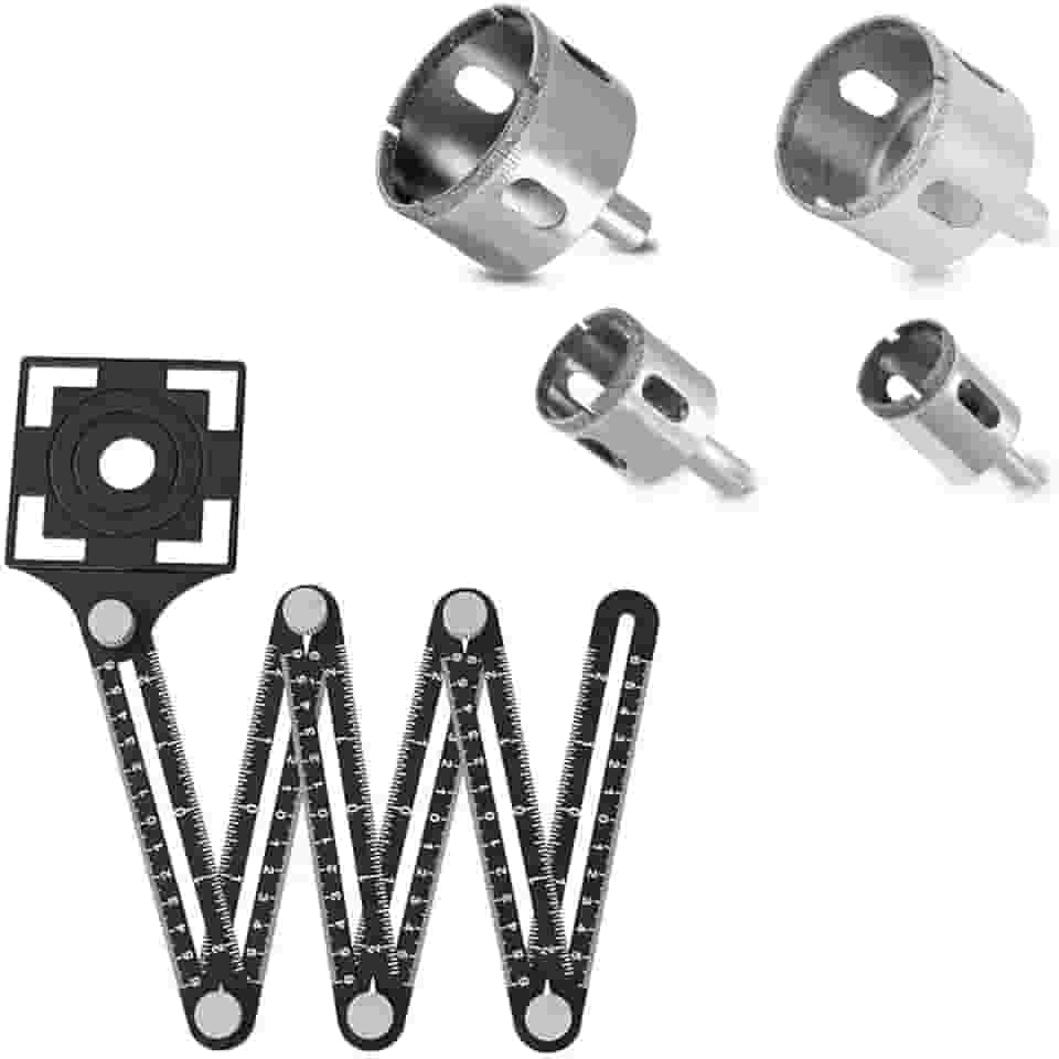 Gabarito Régua Marcador Esquadro Furo Piso Cerâmica Porcelanato Vidro + 4 Broca Serra Copo Diamantada Premium 50/40/32/25MM