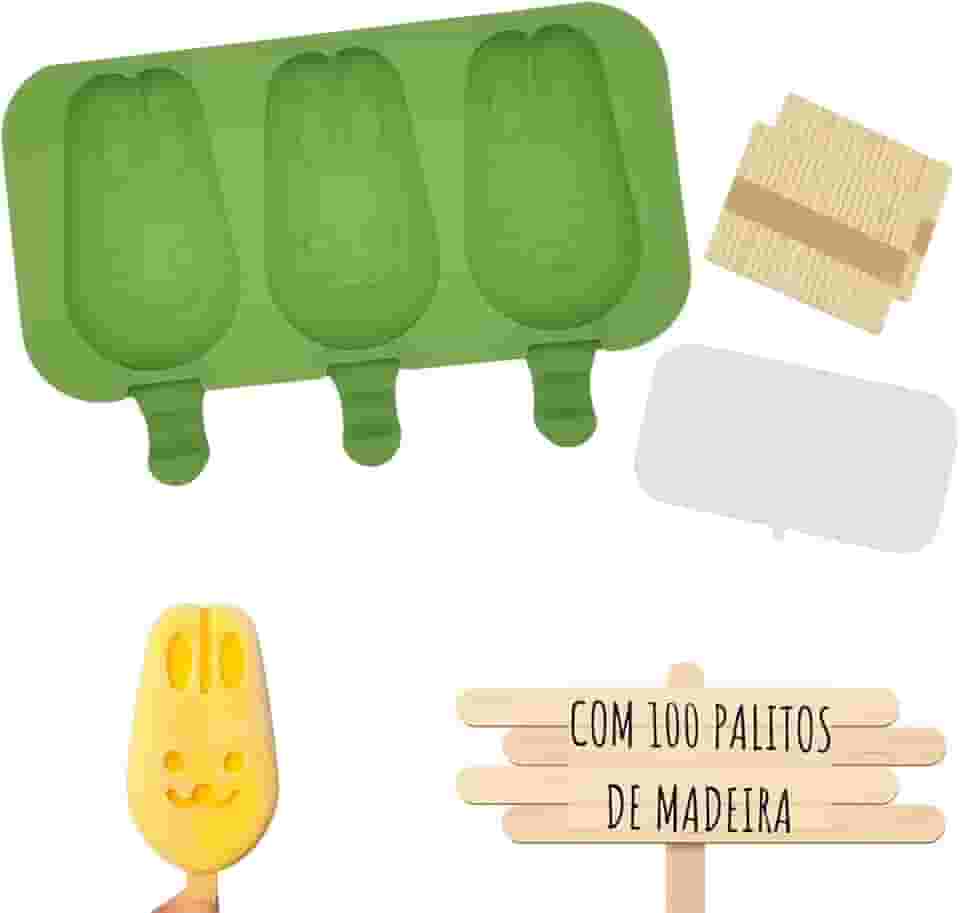 Formas Sorvete Picole Caseiro Silicone Com 3 Cavidades Tampa 100 palitos (Coelhinho)