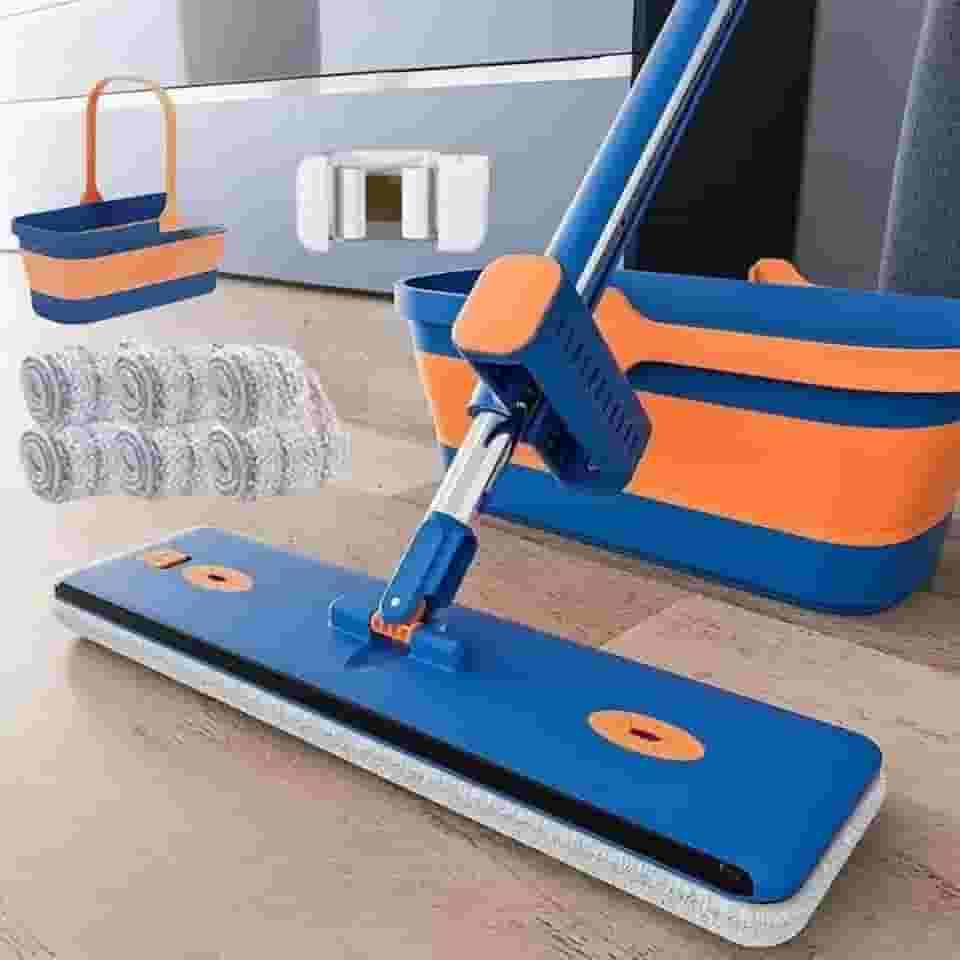 Mop Kit Profissional Flat 360° com Balde Dobrável e 6 Refis de Microfibra – Limpeza Rápida e Sem Esforço (S10)