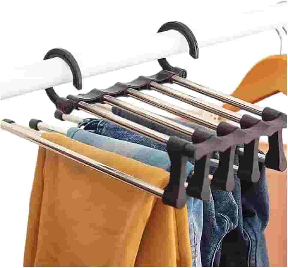 Cabide Para Calça Multiuso Retrátil em Aço Inox para 5 Peças Economiza Espaço Guarda-Roupa Uso Horizontal ou Vertical Organizador para Calças Toalhas Lenços Closet Durável