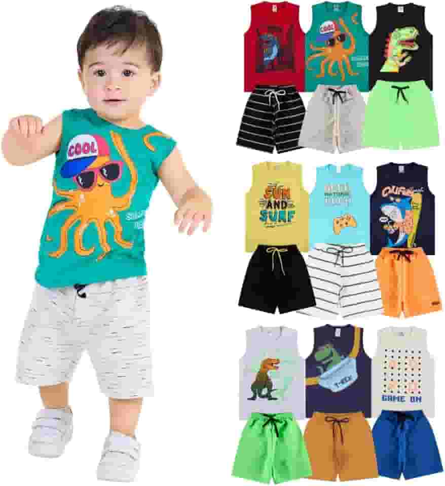 Kit Sortido 10 Peças de Conjunto Regata Bebê Menino - 5 Conjunto Curto Regata Masculino Infantil Verão