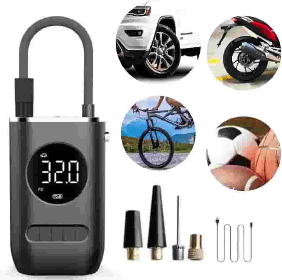 Compressor de Ar Portátil e Digital, Bomba De Ar para Carro Moto Bicicleta Bola Inflável, Com Led, Carregamento via USB