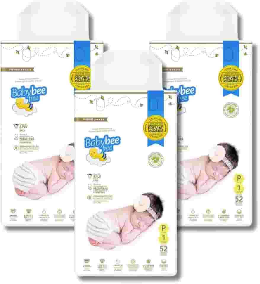 Kit Fraldas Premium Baby Bee Free, Dermoprotetora, Bebê pele sensível, 12h de Absorção, Proteção Dermatológica (P (3KG A 6KG))