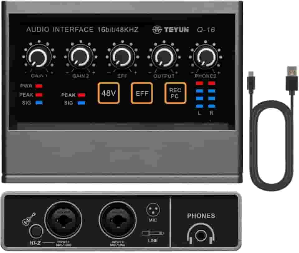 Q-16 Interface de audio,placa de som profissional de canal USB 2.0 DC 5V de alta velocidade, função de monitor para estúdio/gravação musical/jogos/Equipamentos para Gravação Musical