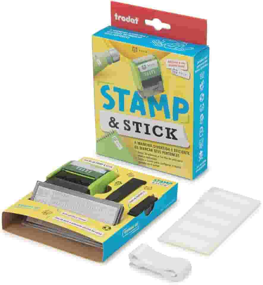 Kit de carimbo Trodat Stamp Stick autotintado, automático,tam. 34x14mm, Tinta Preta permanente - Para carimbar diretamente em tecido, plásticos e papel. Marcador para identificação