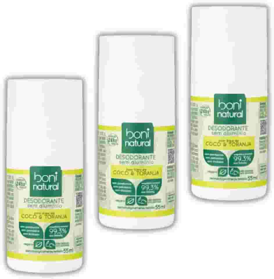 Kit 3 Desodorantes Roll-On Coco e Toranja 55ml - Boni Natural
