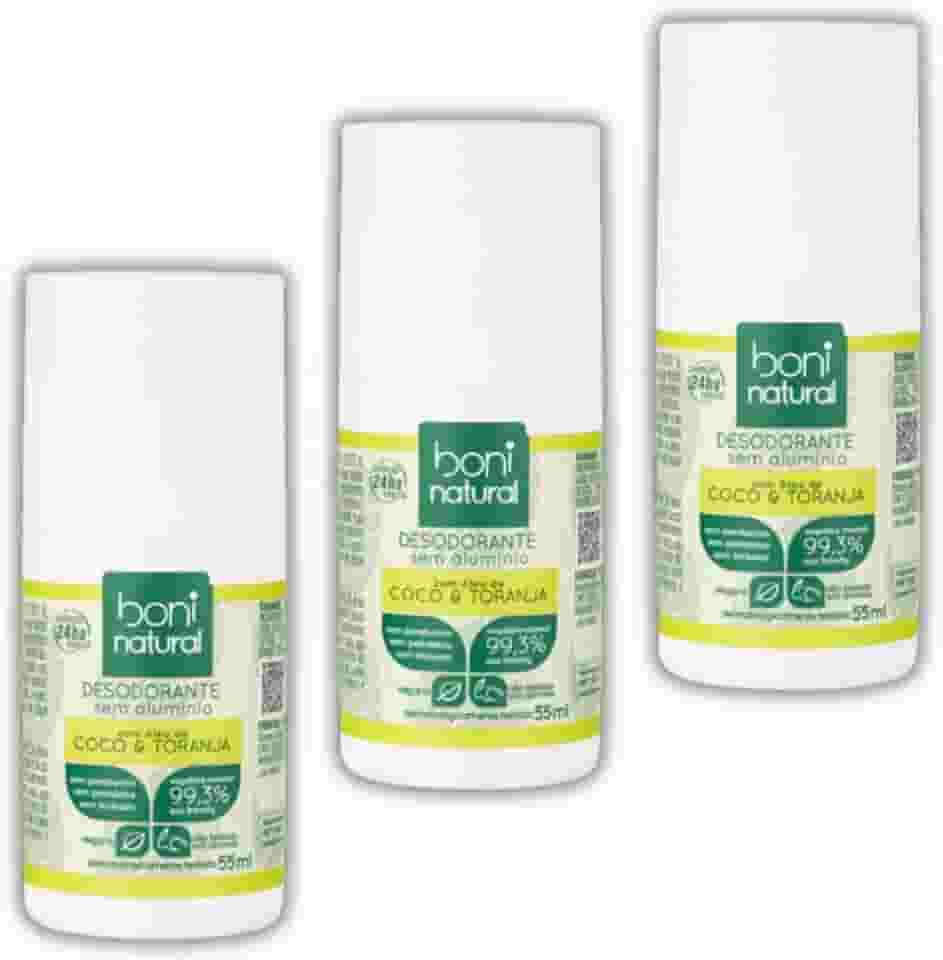 Kit 3 Desodorantes Roll-On Coco e Toranja 55ml - Boni Natural