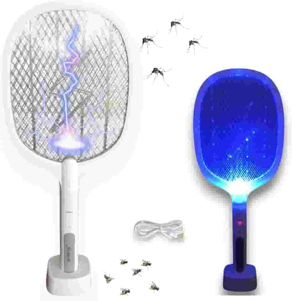 Raquete Elétrica Mata Mosquito Pernilongo E Insetos Armadilha Contra Dengue Com Base E Luz Roxa Led Uv Com Cabo USB Bivolt