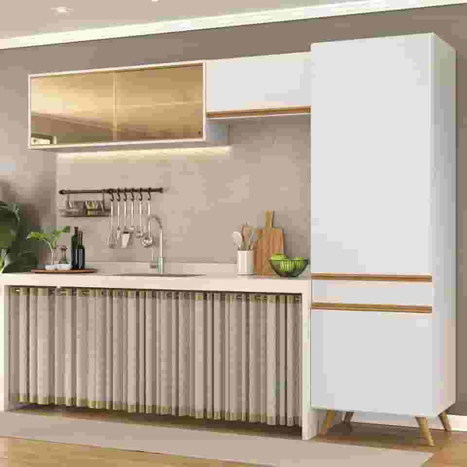 Armário Cozinha Modulada Compacta com Vidros 252cm 3 Peças Veneza Multimóveis Mp2300 Branco/dourado