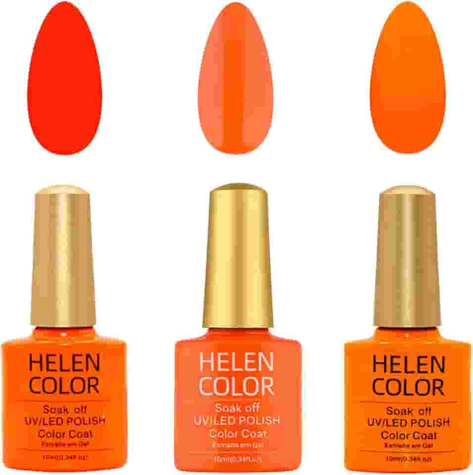 HELEN COLOR Kit 3 Esmaltes em Gel UV/LED 10ml Cada Frasco Secagem Rápida Alta Durabilidade Acabamento Brilhante (Laranja)