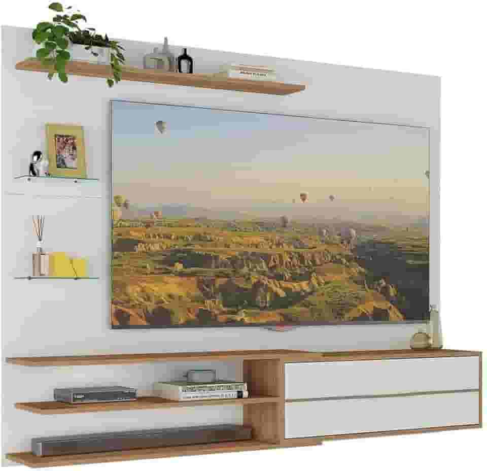 Painel para TV até 65' com 1 Porta Basculante e 5 Prateleiras – Multimóveis MP1064 Branco/Rustic, Design Moderno em MDP