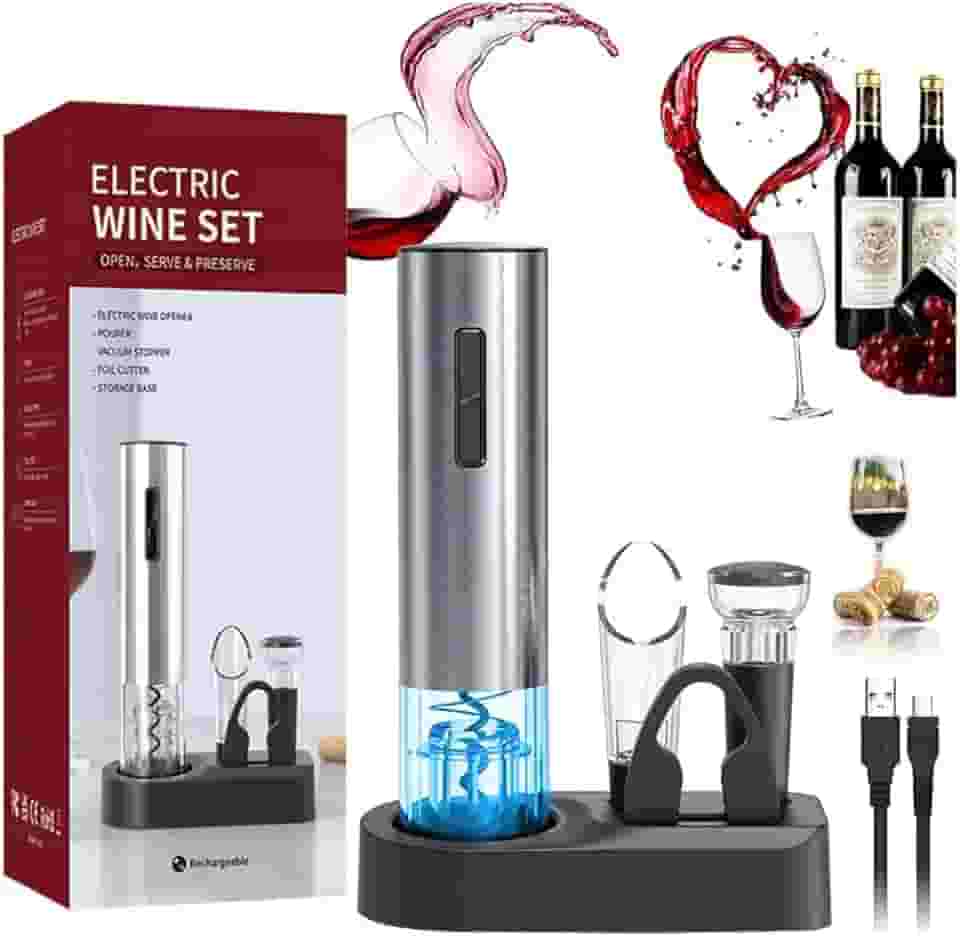 Kit Abridor De Vinho Elétrico - Recarregáve, Saca Rolhas Vinho Eletrico com Base, Despejador e Cortador de Cápsulas - Ideal para Casa, Restaurantes e Presente para Amantes de Vinho