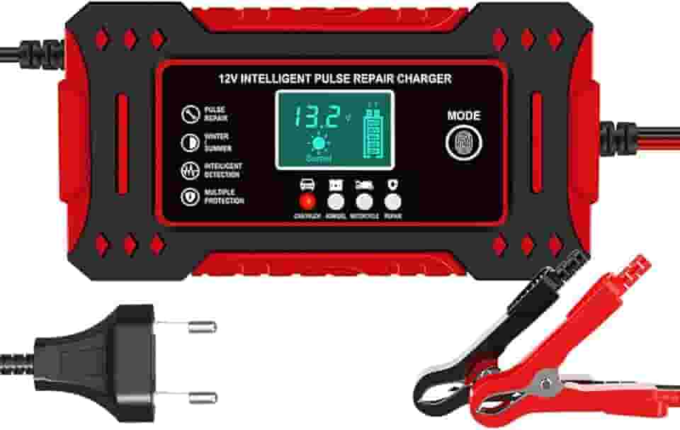 Carregador de Bateria Inteligente 12V, Display Digital, Bivolt, para Carro, Moto e Caminhão, com Proteção Contra Superaquecimento