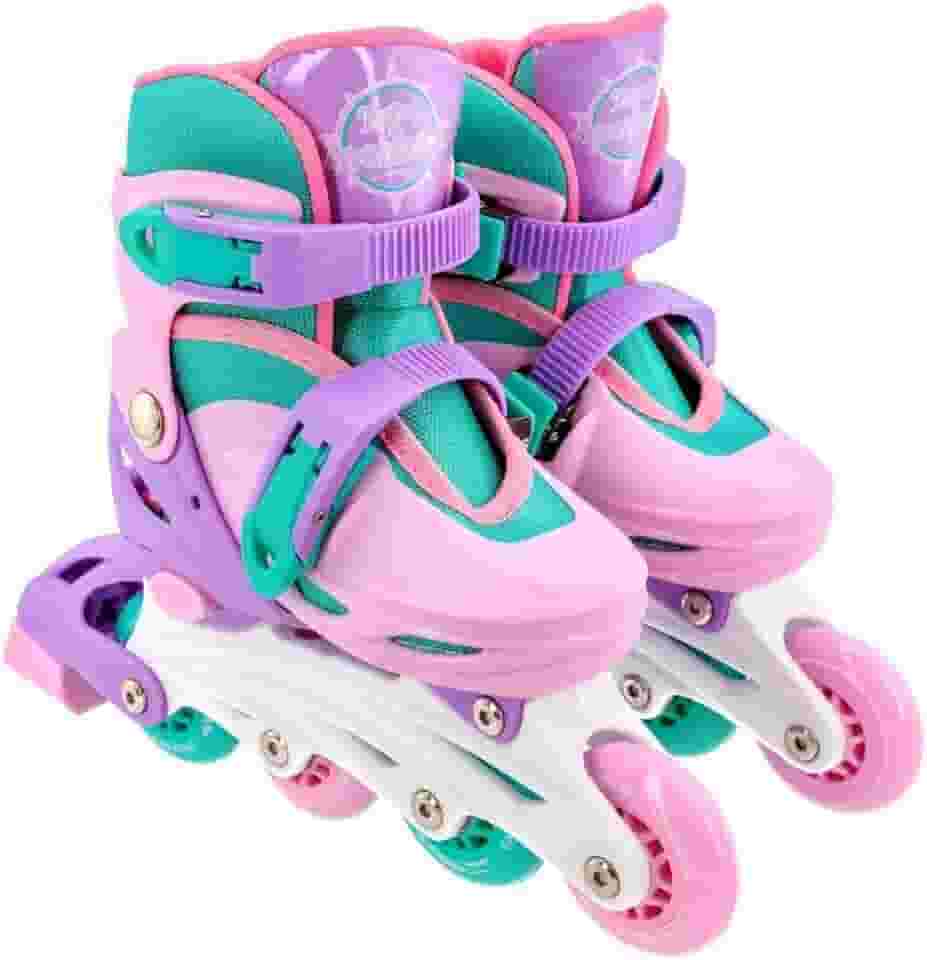Kit Patins Infantil com Acessórios de Segurança Rosa Claro com Capacete e Protetores Patins 4 Rodas para Crianças- Tam. 30-33