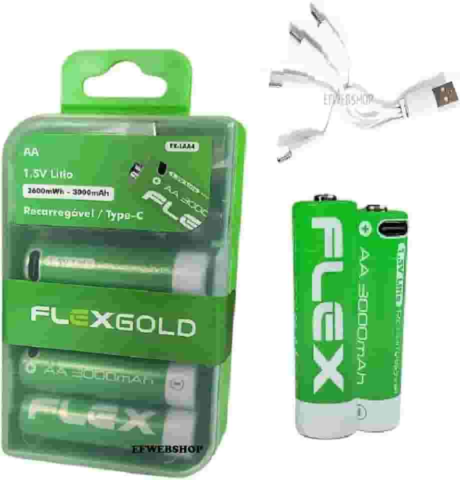 4 Pilhas Recarregáveis Flex AA 1.5V de Lítio 3000mAh com Carregamento Direto via Cabo USB-C e LED Indicador de Carga mais Case Porta Pilhas