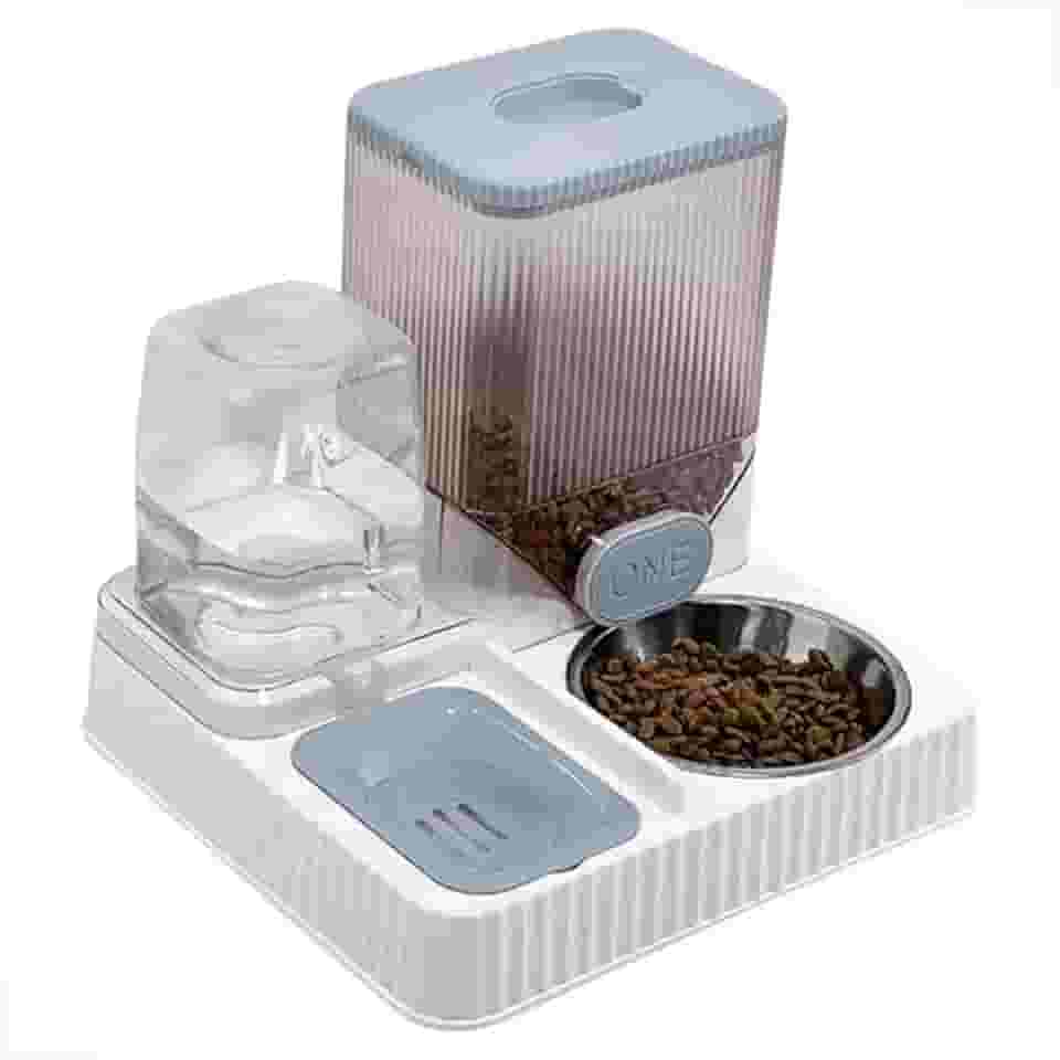 Bebedouro 1.1L com Comedouro 2.5Kg Pet Cães Cachorros Gatos alimentador Duplo 2 em 1 Automático Gravidade Com Tigela Inox (Cinza)