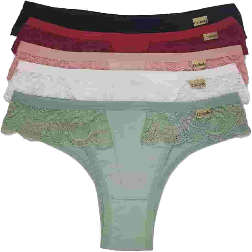 Kit 5 Calcinhas Tangão Conforto Detalhe Renda Cintura Alta